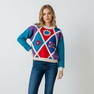 Vintage Eclectic Grandpa Geometric Crew Neck Sweater Size Small